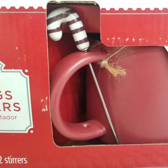 2 Pack Red Mugs with Hug Chocolate White Brown Swirl Stirrers - Picture 2 of 4